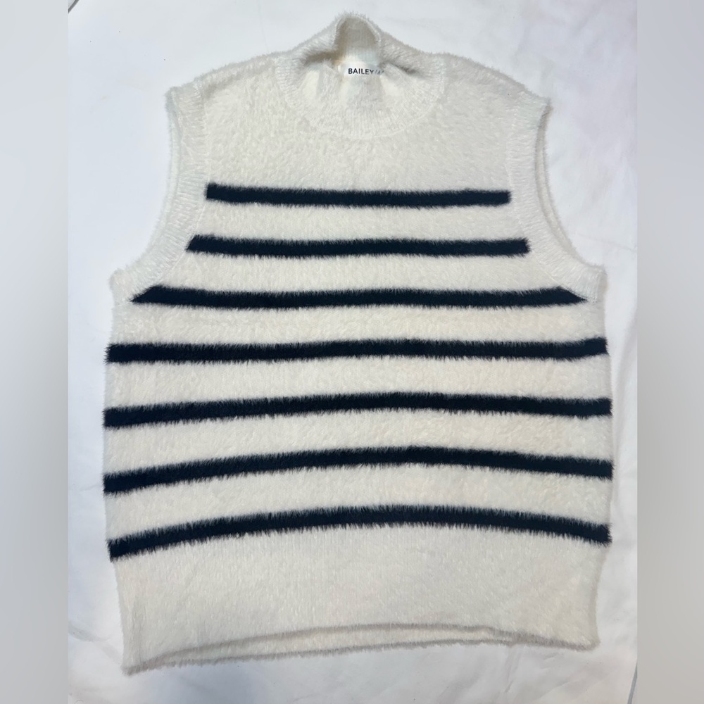 Bailey Fuzzy Knit Vest S – Black & White Striped, High Neck, Cozy Fall Layer